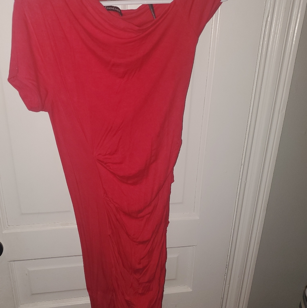 Bebe red ruched dress with one short sleeve